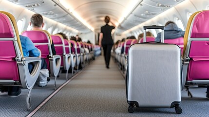 A person walks through a bustling airport terminal, pulling a suitcase while colorful pink and yellow chairs provide a vibrant backdrop against the sleek design of the space