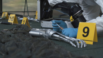 Forensic expert working at fantastic crime scene with evidence like robot hands. Lots of evidence...