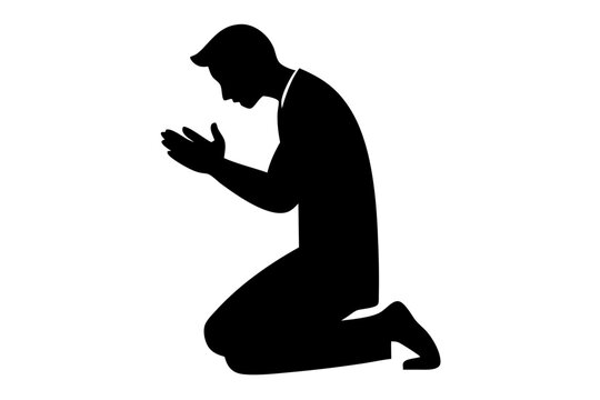 recommend clip art: Man praying and praising God on knees | vector silhouette illustration on white background