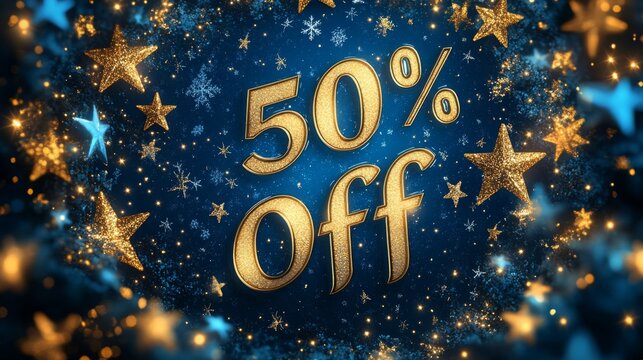 Exciting discount announcement featuring vibrant stars celebrating a 50 percent price reduction
