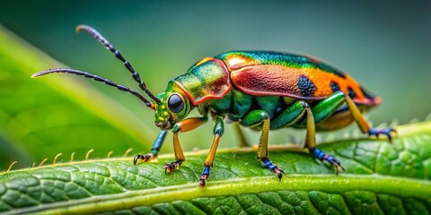 Naklejka premium Vibrant and Colorful Abestrus Insect Crawling on Green Leaf in Natural Habitat Under Bright Sunlight