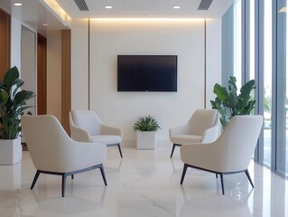 Fototapeta premium Modern bank workspace with interactive digital screens, ergonomic chairs, and large glass windows, Contemporary design, soft natural light, neutral tones
