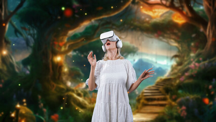 Fototapeta premium Exploring woman standing in room using VR turn on transfer meta world in gaming bokeh neon falling mushroom in fresh air in meta magical fantasy bridge jungle trees creativity at night. Contraption.
