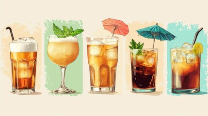 A 5-strip image of drinks: beer in a frosty mug, cocktail with umbrella, lemonade with mint, iced coffee, and whiskey in a tumbler. Refreshing variety.
