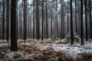 Obraz premium A serene forest landscape shrouded in mist, with tall trees and a snowy ground.