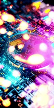A vibrant Bitcoin symbol glowing with colorful lights on a circuit board background, representing cryptocurrency technology and digital finance. Suitable for tech, blockchain, and finance-related busi