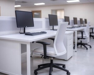 Bank office with white walls, sleek desks, and ergonomic chairs, Modern minimalism, bright atmosphere, clean lines