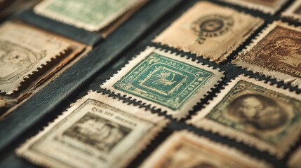 Artistic close-up of rare postage stamps with intricate designs, arranged neatly on an aged album page, highlighting their historical value.