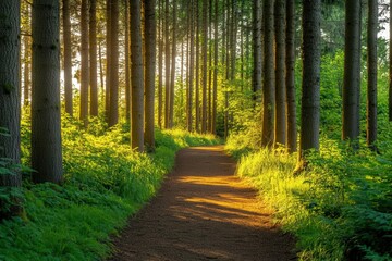 Obraz premium A serene forest path illuminated by sunlight, inviting exploration and tranquility.