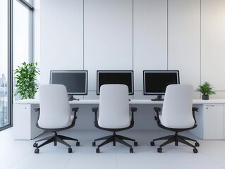 Fototapeta premium Modern bank workspace with interactive digital screens, ergonomic chairs, and large glass windows, Contemporary design, soft natural light, neutral tones