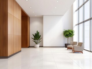 Sleek bank office with large glass partitions, digital touchscreens, and minimalist decor, Futuristic, cool tones, soft ambient lighting