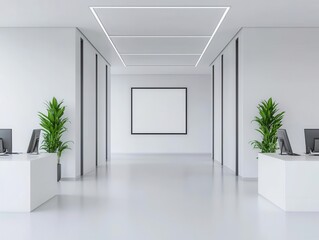 Open bank office with sleek desks, digital whiteboards, and minimalist decor, Modern design, bright lighting, neutral palette
