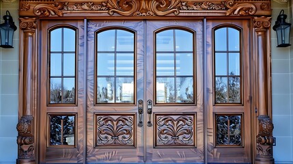 Elegant double back doors with glass panels and ornate handles