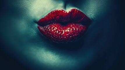 Obraz premium A close-up photo of a woman's lips adorned with red lipstick and the word love written in a bold font