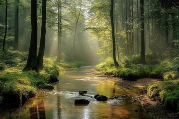 Fototapeta premium A serene forest scene with a gently flowing stream and sunlight filtering through the trees.
