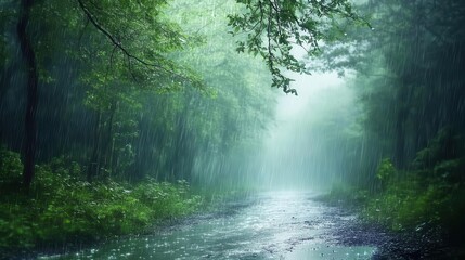 Obraz premium A serene forest scene with a river under gentle rain, evoking tranquility and nature's beauty.