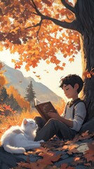 Fototapeta premium A boy reading under a tree with autumn leaves, accompanied by a white cat.