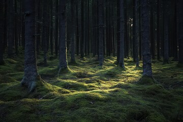 Obraz premium A serene forest scene with moss-covered ground and tall trees, illuminated by soft light.