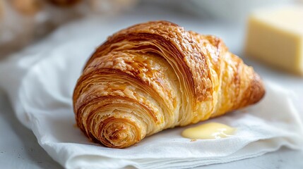   Croissant resting on white napkin with butter nearby, also on napkin