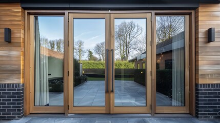 Double back doors with full-length glass and wooden frame