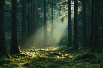 Obraz premium A serene forest scene with sunlight filtering through trees, illuminating the mossy ground.