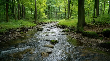 Obraz premium A serene forest stream flows through lush greenery, inviting tranquility and reflection.