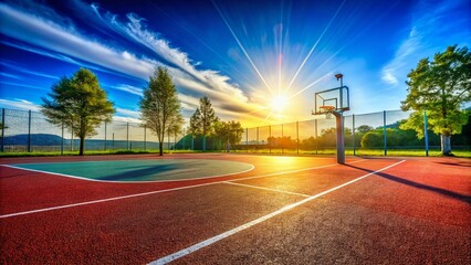 Vibrant Basketball Court Lines in Perspective with a Clear Blue Sky and Bright Sunlight Above