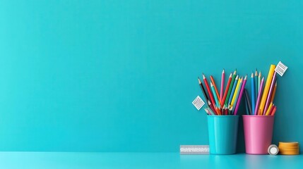 Fototapeta premium Side view photo of neatly arranged school desk with supplies stationery holders with color pencils