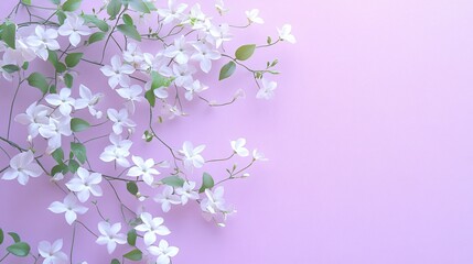 White flowers with green leaves on a pink background.