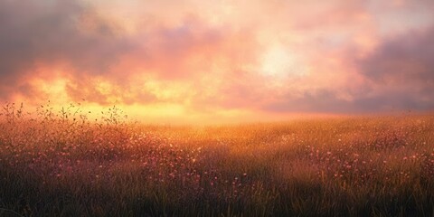 Obraz premium A serene landscape at sunset, featuring a field of flowers under a colorful sky.