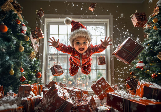 Funny and crazy image of a baby wearing a santa claus hat jumping out on a bed filled with christmas presents.