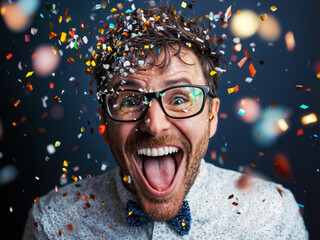 Funny image on man with a big smile, wearing glasses and a bow tie, having a joyful moment celebrating christmas holidays, new year or a birthday.