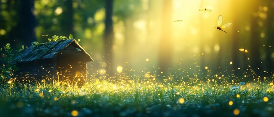  A quaint house sits in the heart of a lush grassy field A butterfly hovers nearby, gracefully taking flight