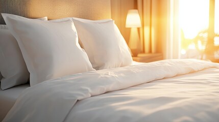 A bed with two white pillows and a white comforter