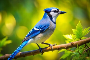 Vibrant Blue Jay Perched on a Branch Against a Clear Sky in a Lush Natural Environment