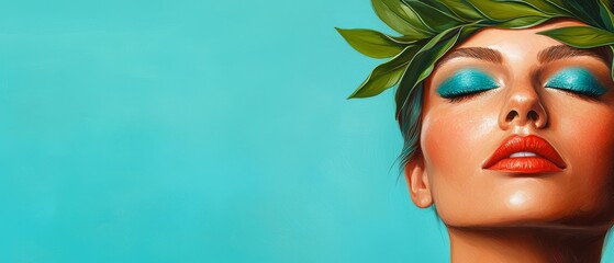 Fototapeta premium A painting of a woman's face with greenery crowning her head , and blue eyeshadow
