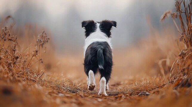   A monochromatic pooch stands amidst a parched pasture under a hazy sky