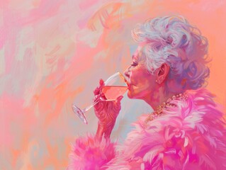 Fototapeta premium A person holding a glass with pinkish liquid, wearing a white feather boa and a pearl necklace, against a plain pink background.