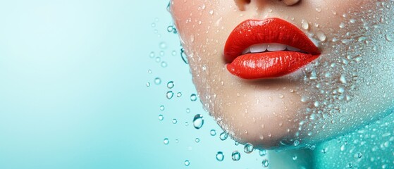 Fototapeta premium water droplets glisten on skin, red lipstick marks lips