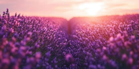 Fototapeta premium A serene lavender field at sunset, showcasing vibrant purple flowers and a tranquil atmosphere.