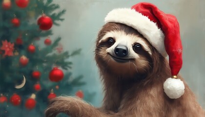 Fototapeta premium Photorealistic illustration of sloth with Christmas cap on a Christmas background looking in camera, only top of body, detailed