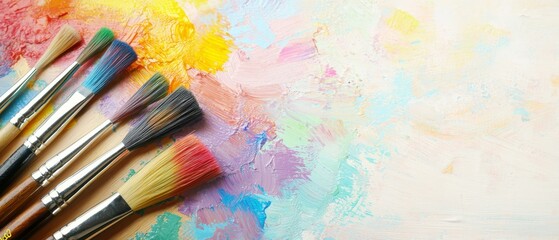 Obraz premium A collection of brushes in various hues arranged beside one another on a vibrant paintbrush stand, dripping with corresponding paints