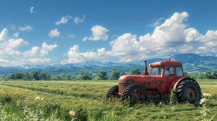Obraz premium An old red tractor is parked in a field