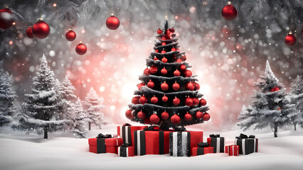 Obraz premium Christmas gifts wrapped in red and black under a snow dusted tree. generative ai.