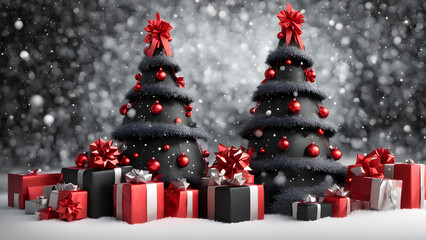 Christmas gifts wrapped in red and black under a snow dusted tree. generative ai.