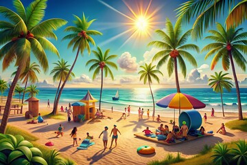 Vibrant Cartoon Summer Scene with Sun, Beach, Palm Trees, and Fun Activities for Seasonal Vibes