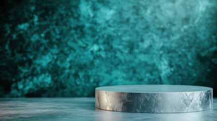 A round, textured podium set against a striking teal background, ideal for product showcasing or minimalist designs. The image exudes creativity and modern elegance.