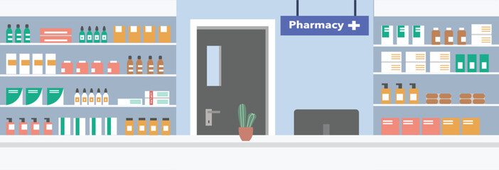 Healthcare product shelf display. Pharmacy product shelf display illustration. Drugstore product shelf display. Pharmacy shop interior. Pharmacy store. Medicine store. Medical store. Cosmetics store. 