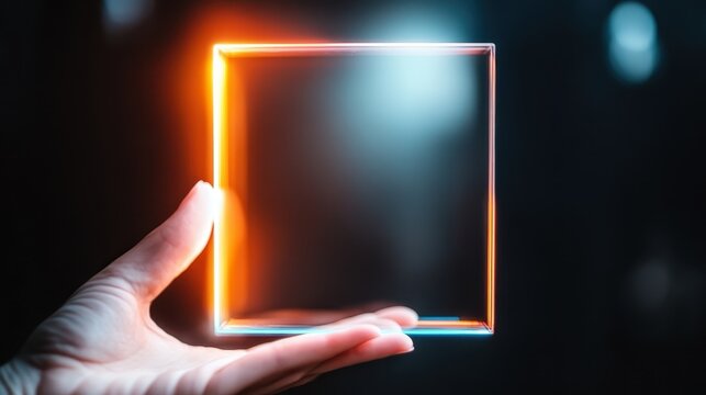 A hand holding a glowing neon square frame in a dark setting, symbolizing futuristic design, creativity, and the blend of technology with art.