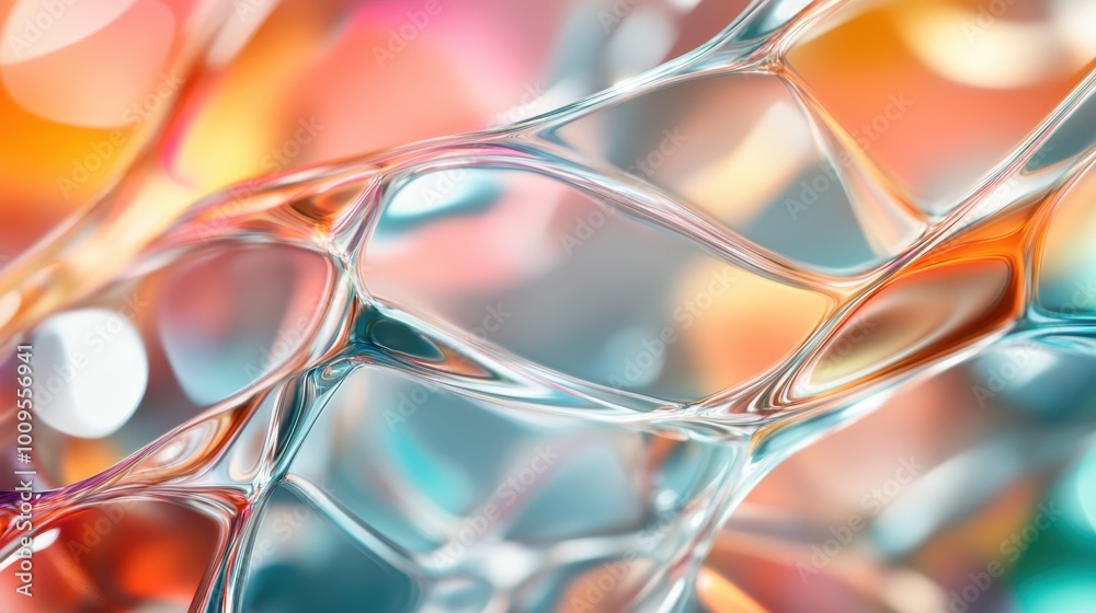 Poster an intricate and colorful mesh-like structure reflecting light, creating an abstract appearance that
